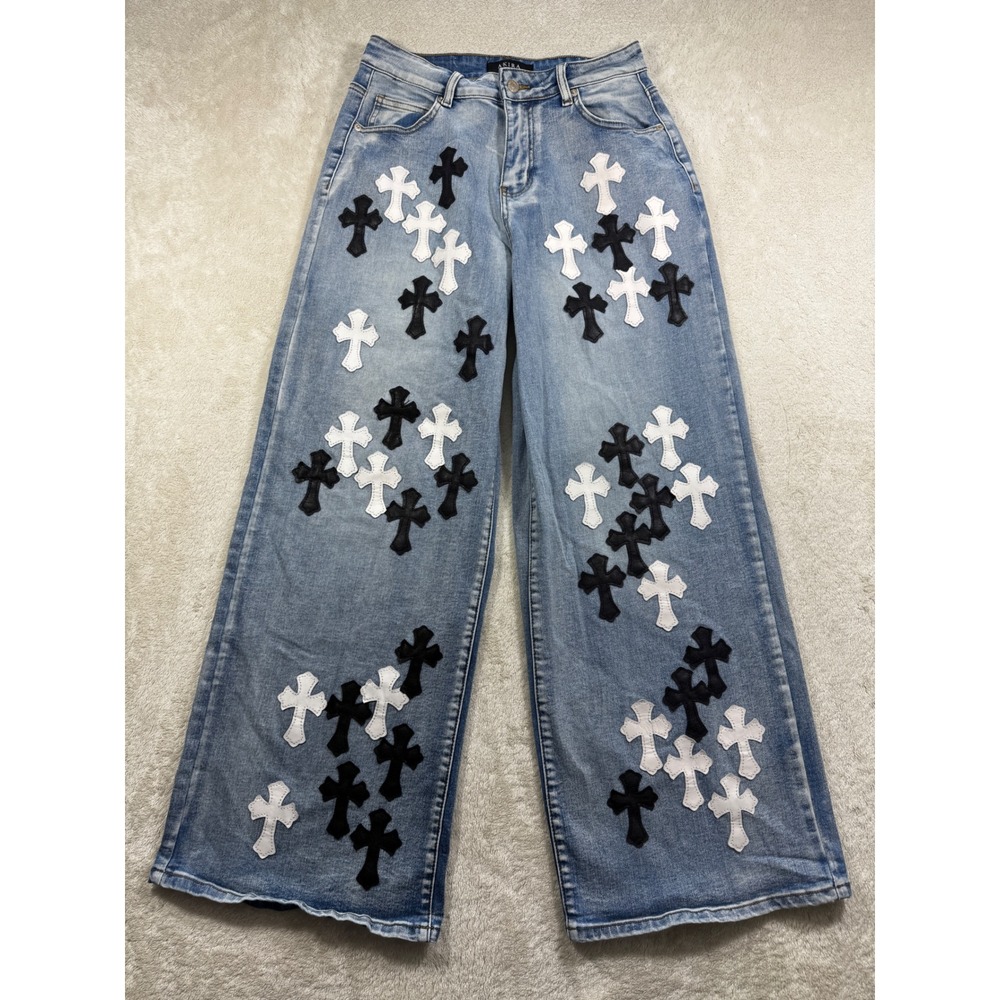 Akira Womens Wide Leg Cross Patch Blue Denim Jeans M Meas: 28x30.5